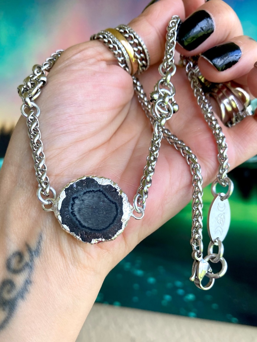 Druzy geode agate slice Celtic knot handmade boho silver necklace